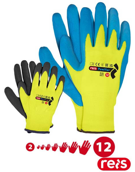 Рукавиці захисні FAMILIAR з латексним покриттям, жовто-чорні/жовто-сині (набір 6 пар) — REIS